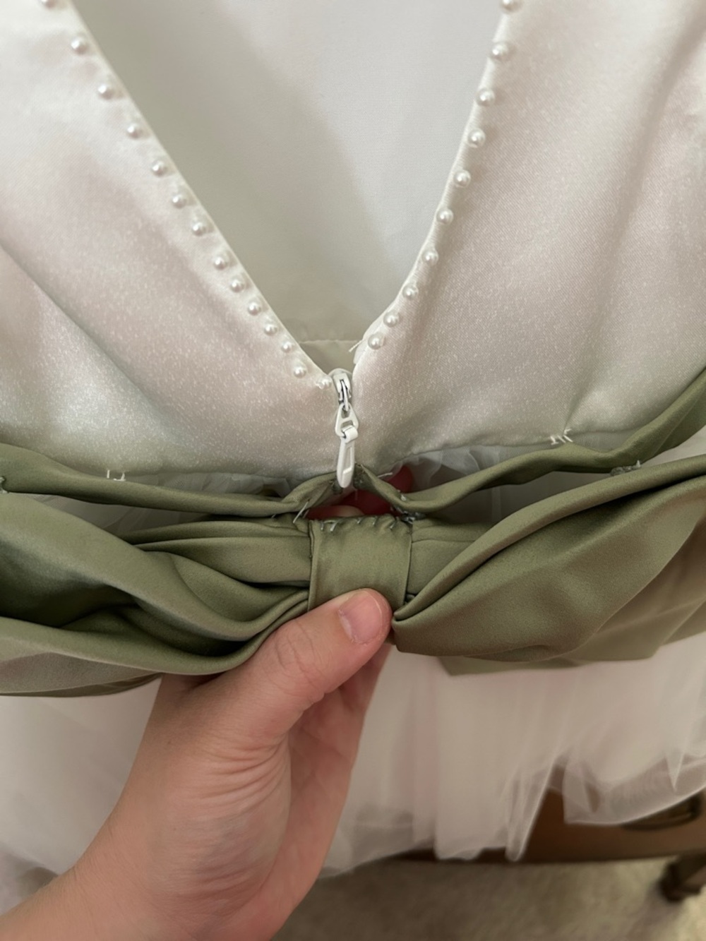 Ivory Tulle Flower Girl Dress with Green Sash - Picture 3 of 7